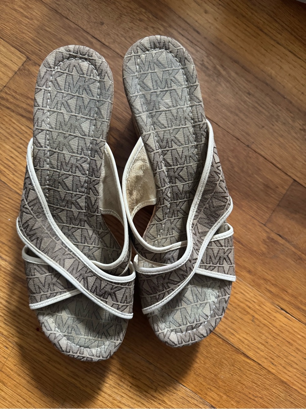 Michael Kors Taupe MK Monogram Slide Mules with Cream Trim